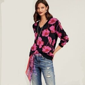 CAbi Black Sweater with Pink Floral V-Neck